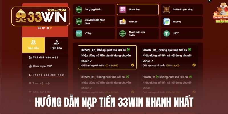 Hướng dẫn nạp tiền 33WIN nhanh nhất